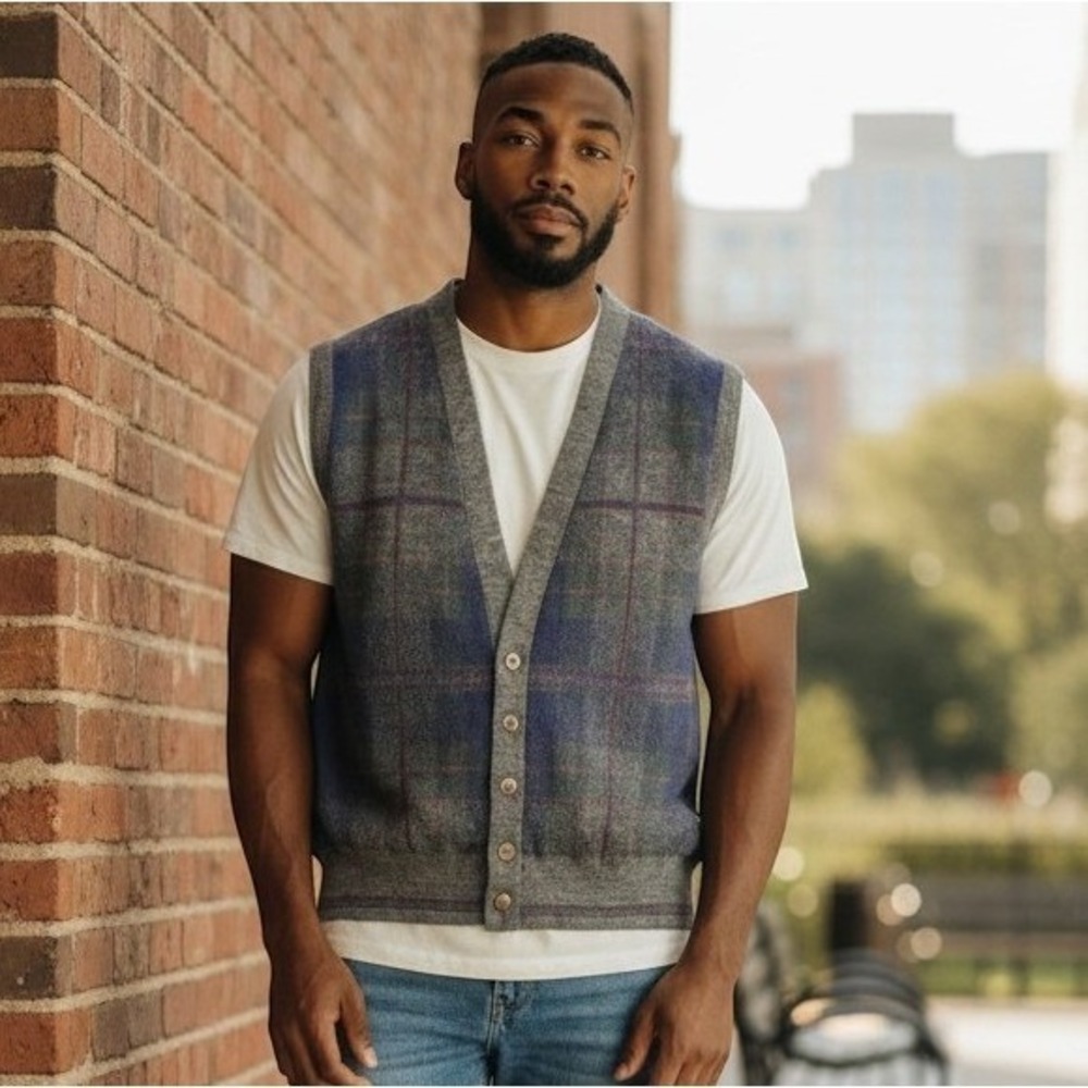 VTG 80s Murano Mens Plaid Wool Button Sweater Vest‎ Medium Preppy Academia Italy